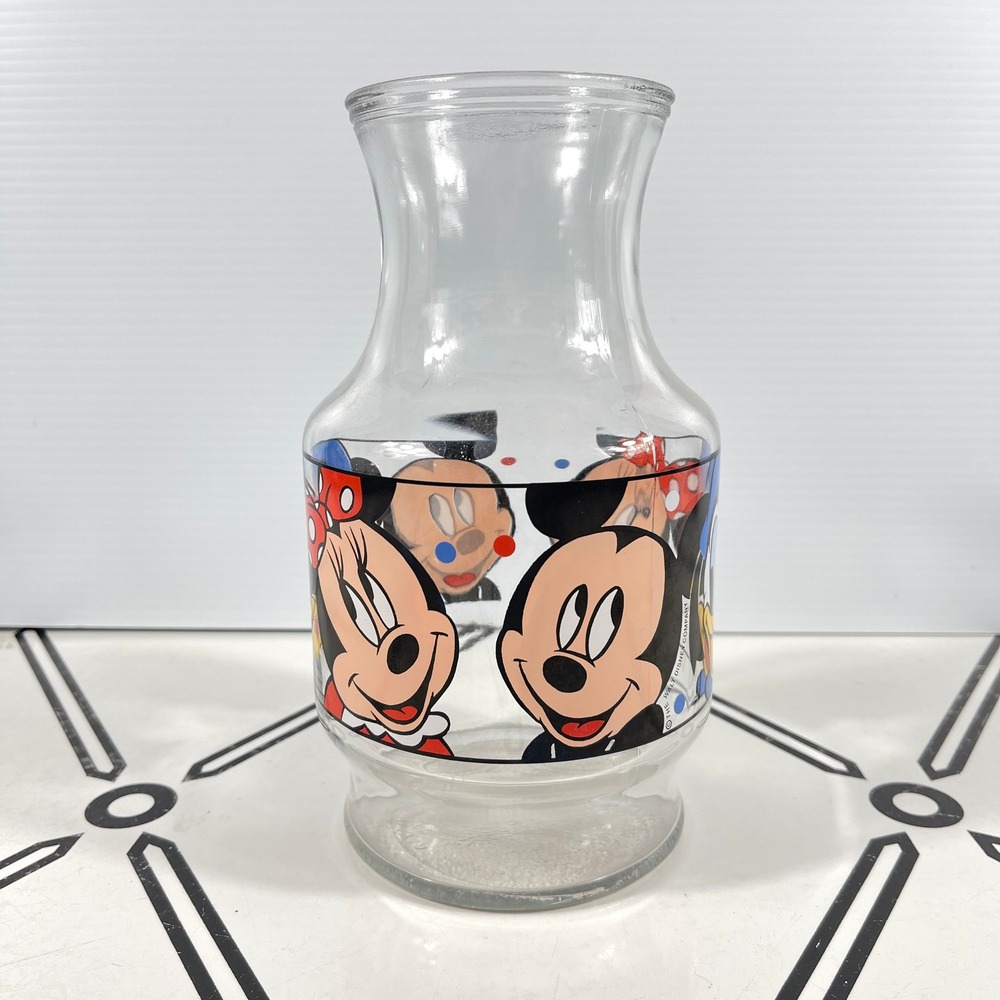 Vintage Walt Disney Company Mickey Minnie Donald Duck Glass Carafe Vase USA Made